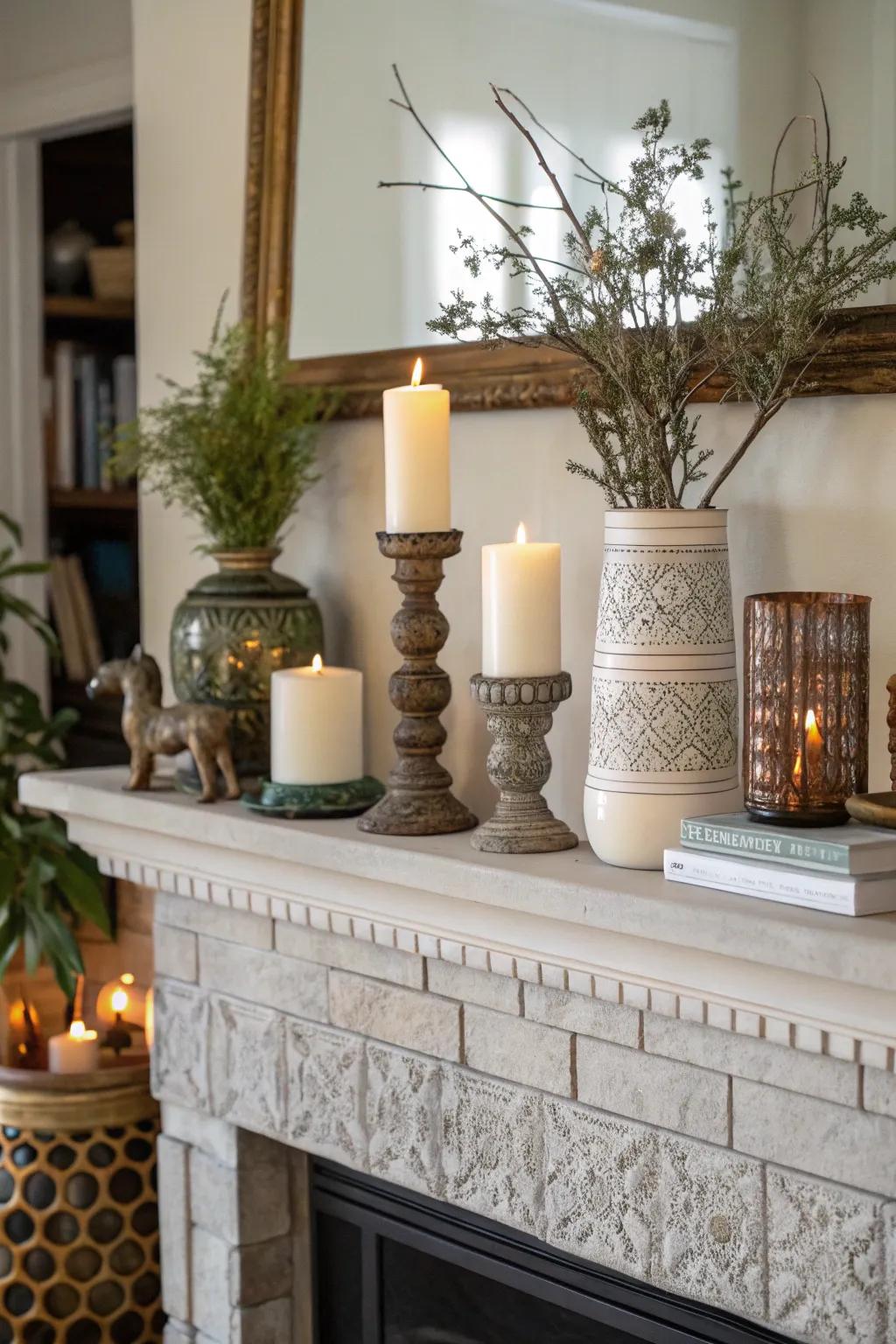 A multi-layered mantel showcasing candles and vases, full of texture.