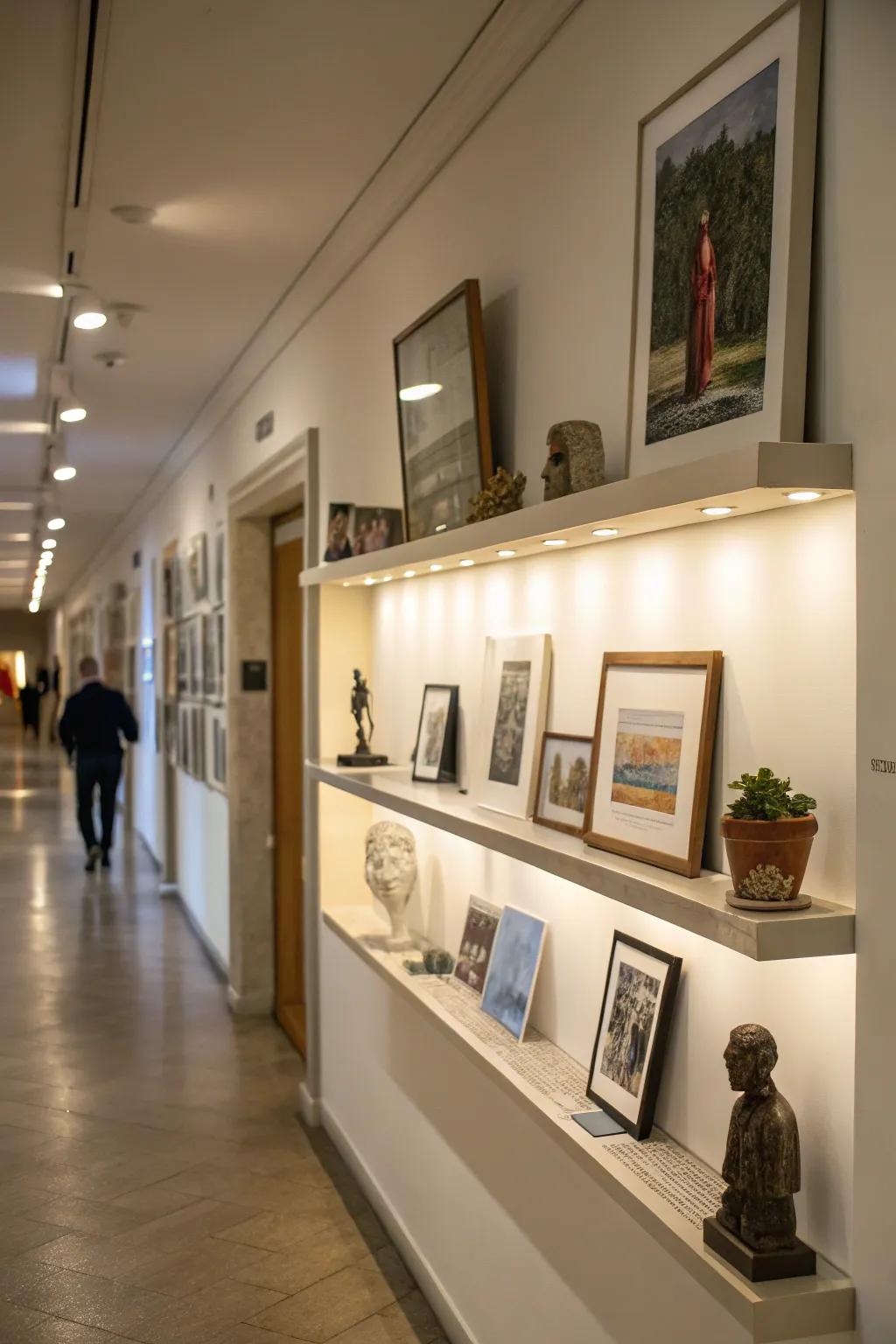 Create an art gallery in your hallway with floating shelves.