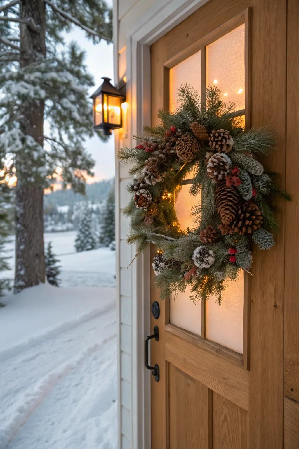 Rustic pinecone accents on a front door wreath.