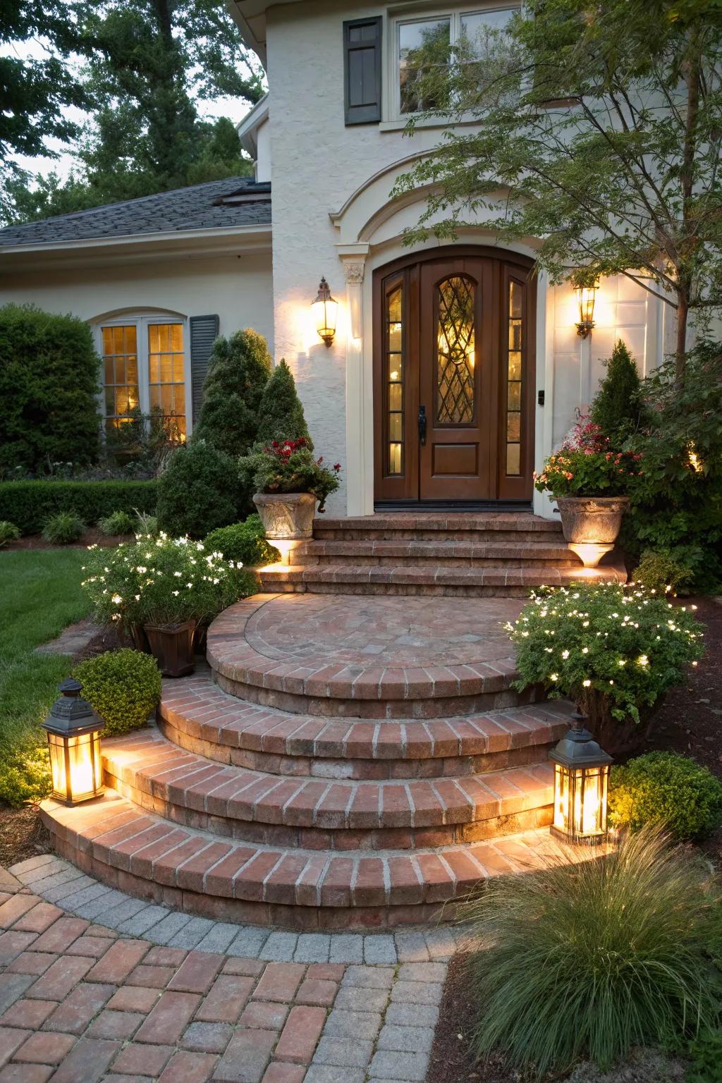 Elegant brick steps create a grand entrance.