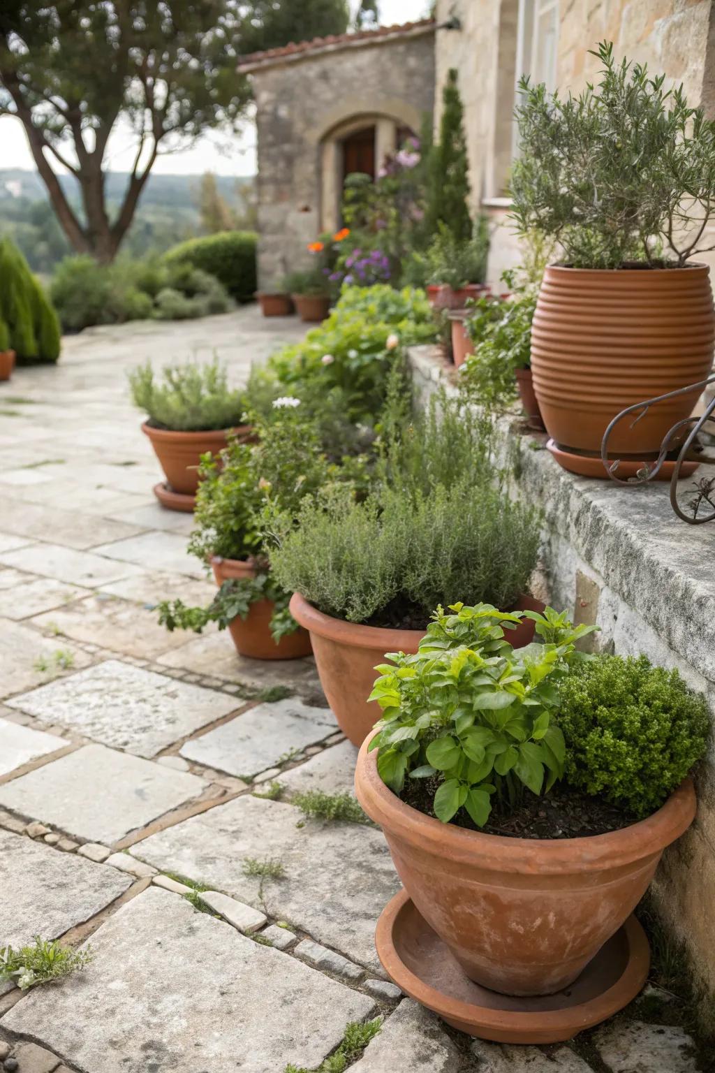 Terracotta pots filled with lush plants bring warmth and character to your front yard.