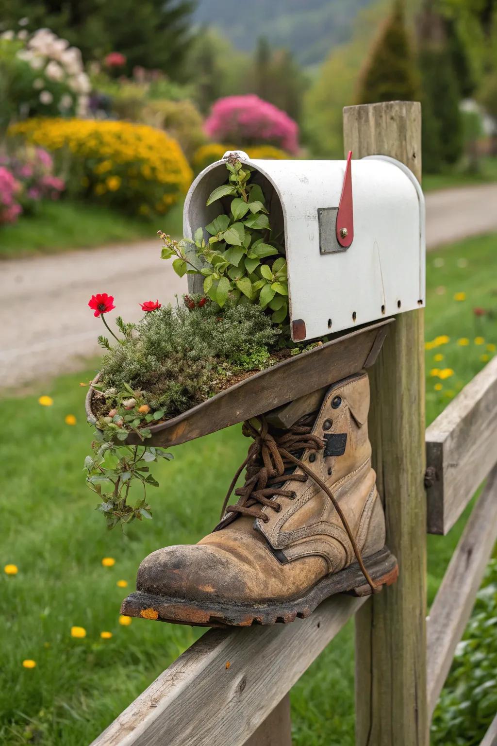 A rustic boot mailbox that combines creativity with greenery.