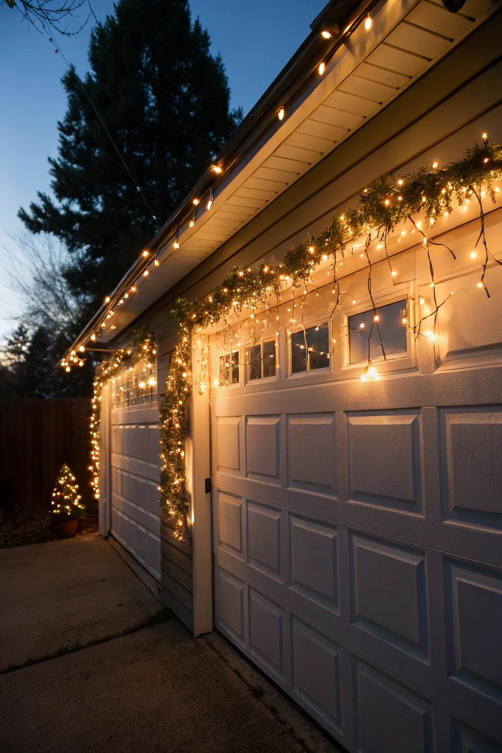Garage door illuminated with twinkling Christmas lights.
