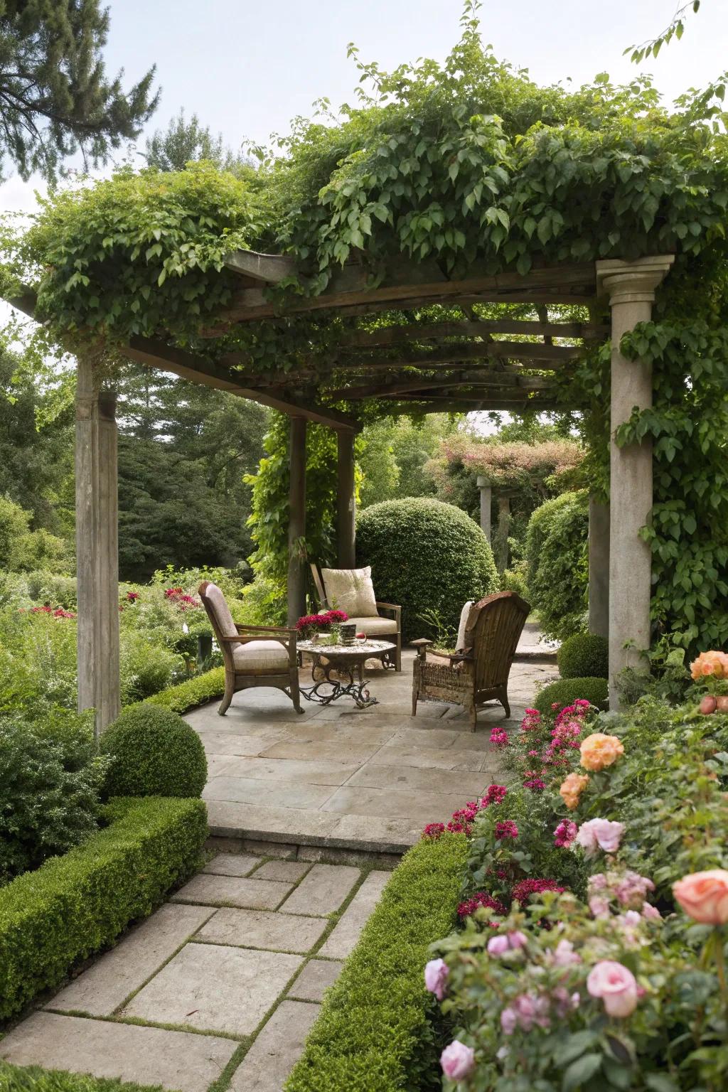 A pergola draped in climbing plants, offering shade and elegance to a garden seating area.