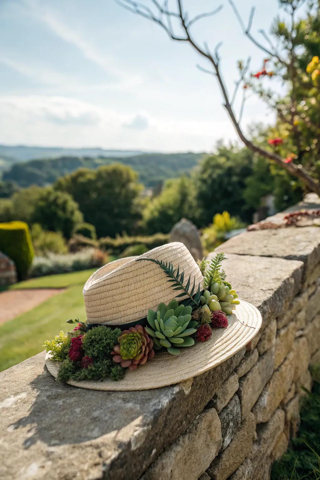 A succulent statement hat providing a modern flair.