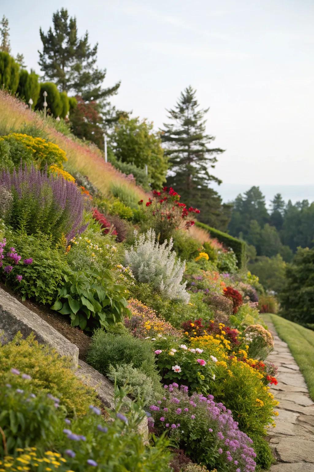 Layered planting lends depth and allure to a sloping garden.