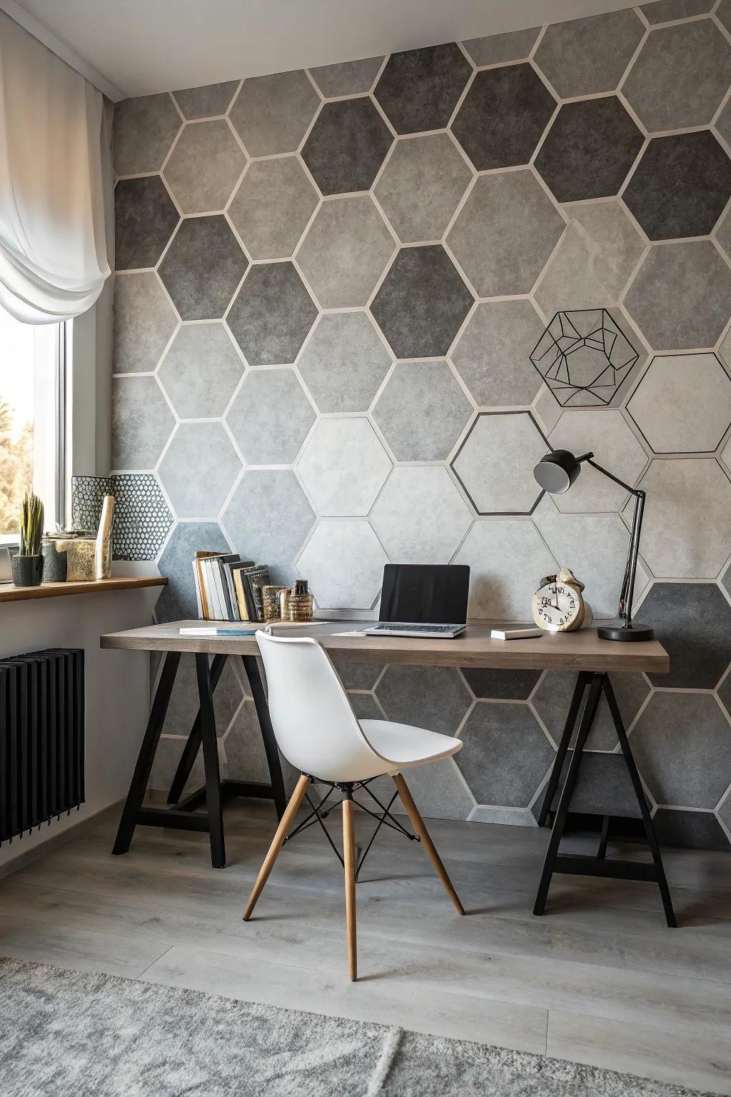 A study room enhanced with a chic hexagon geometric wall design.