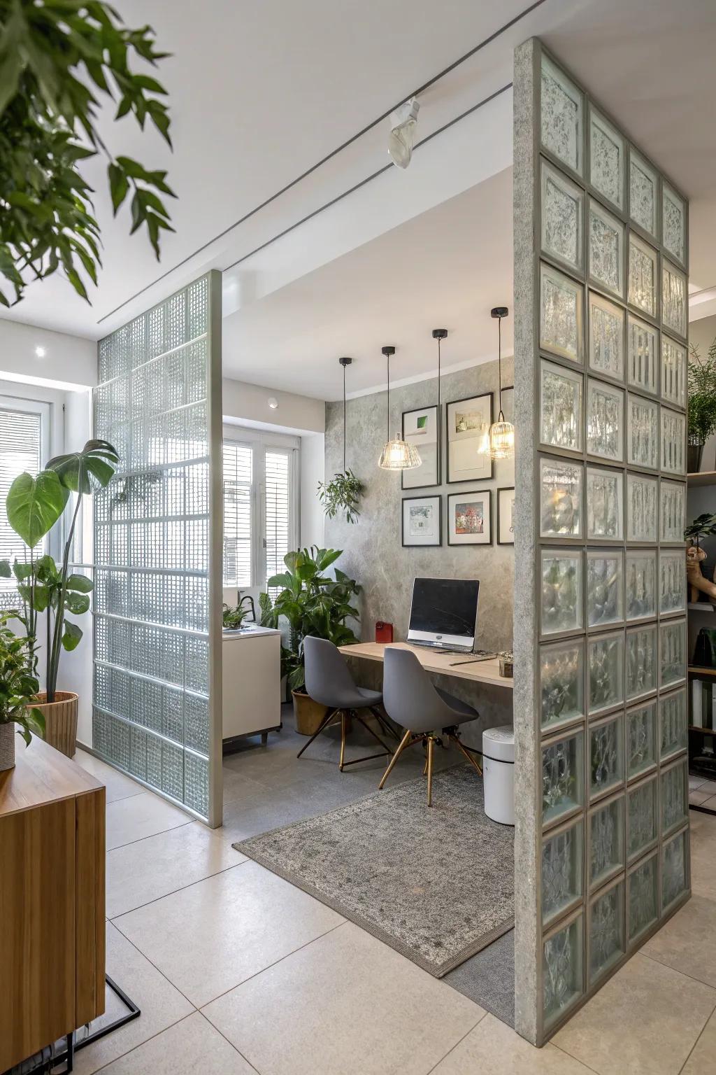 A contemporary home office highlights glass block partitions, harmonizing design and use.