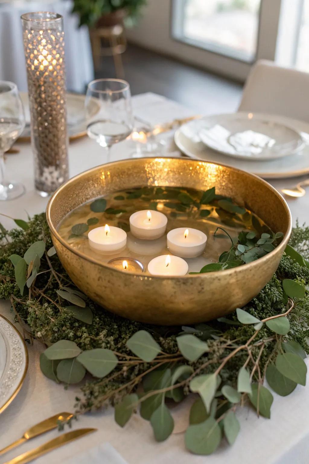 Create a warm ambiance with a gold bowl and floating candles.