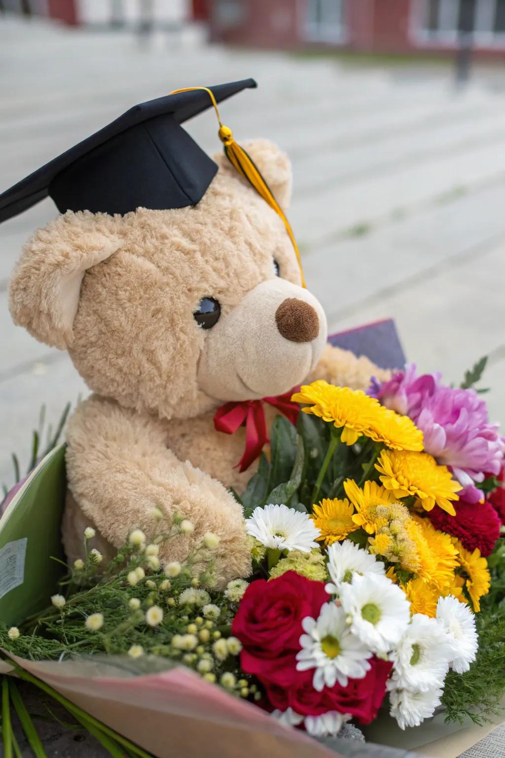 A playful bouquet featuring a plush teddy bear for graduation.