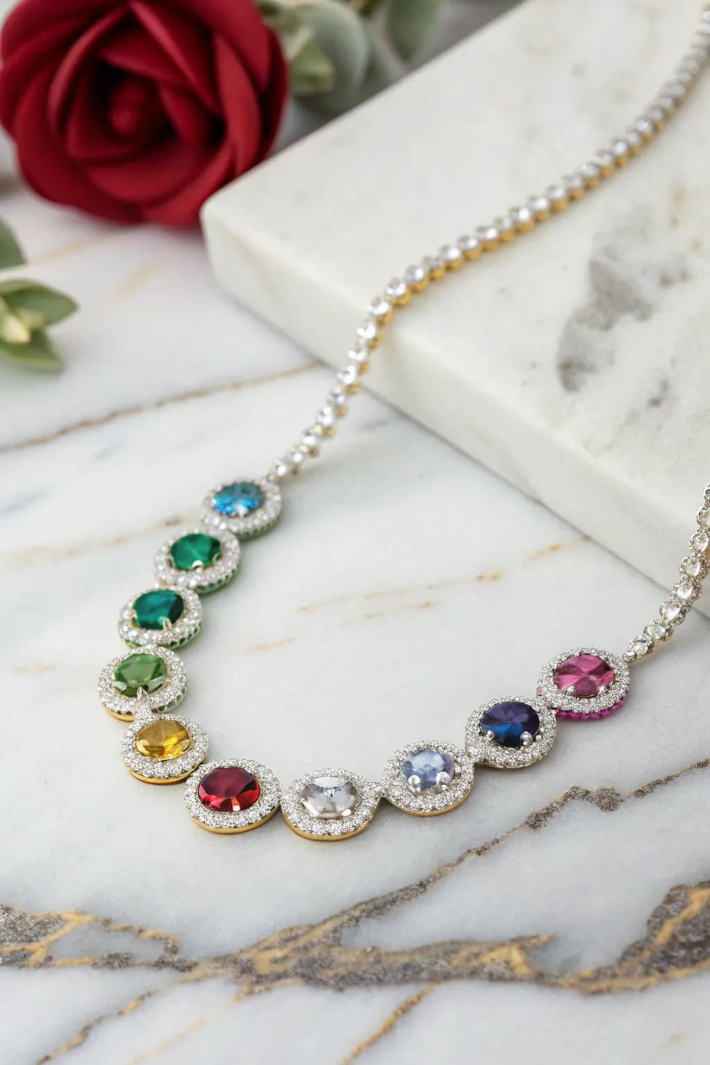 A vibrant necklace adorned with birthstones, representing each grandchild.