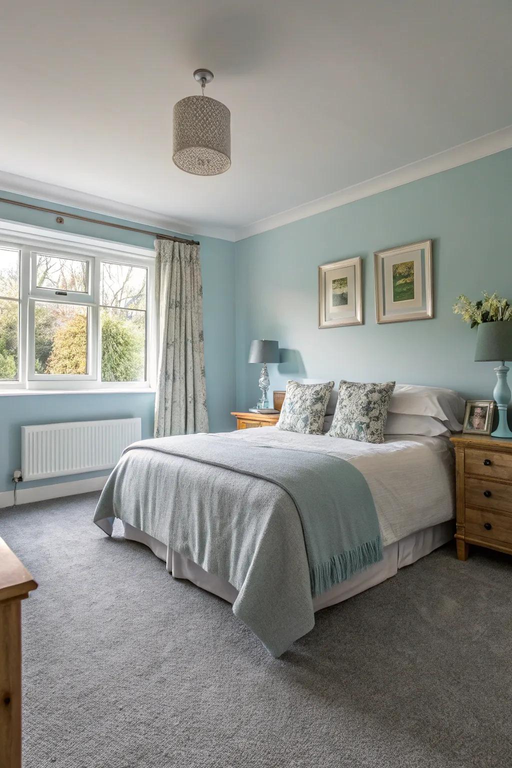 Sky blue walls create a peaceful retreat with grey carpets.