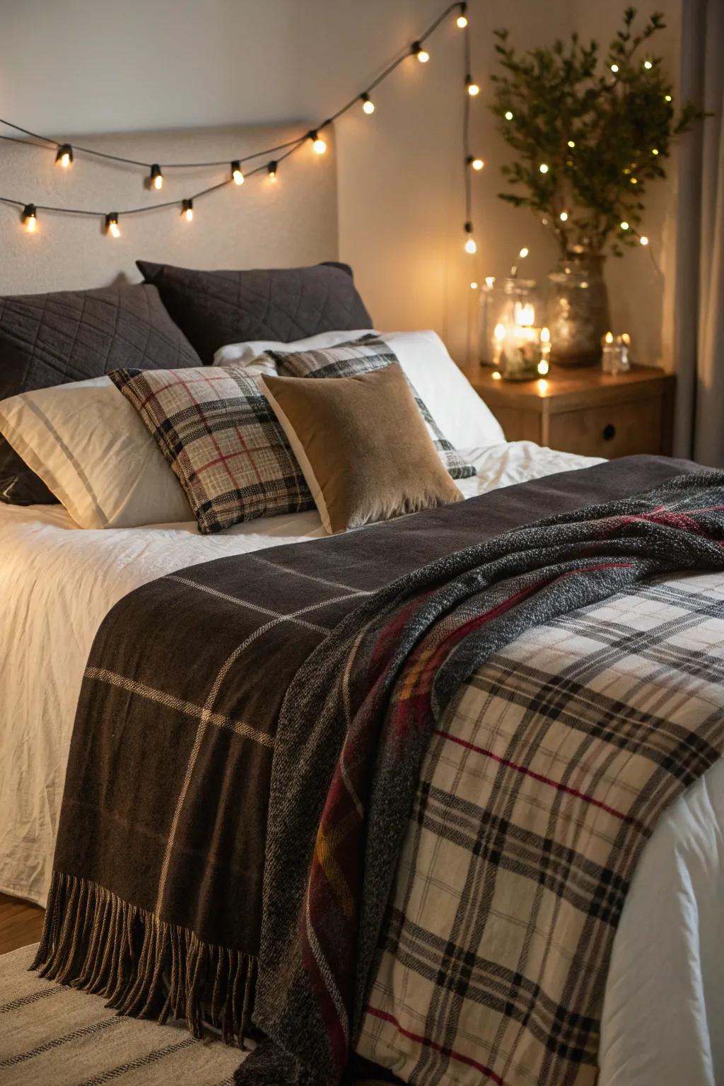 Somber and checkered fabrics fashion a comfortable and chic getaway.