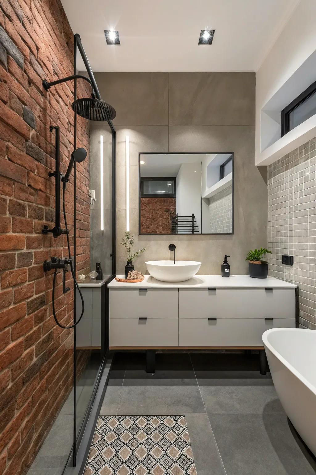 A contemporary bathroom with a half brick wall, showcasing modern elegance.