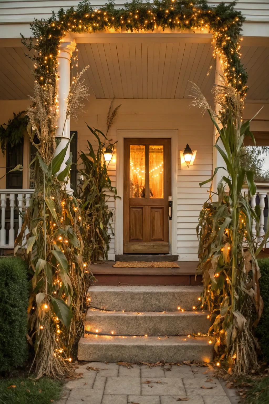 Cornstalks bring a rustic, harvest feel to this Halloween setup.