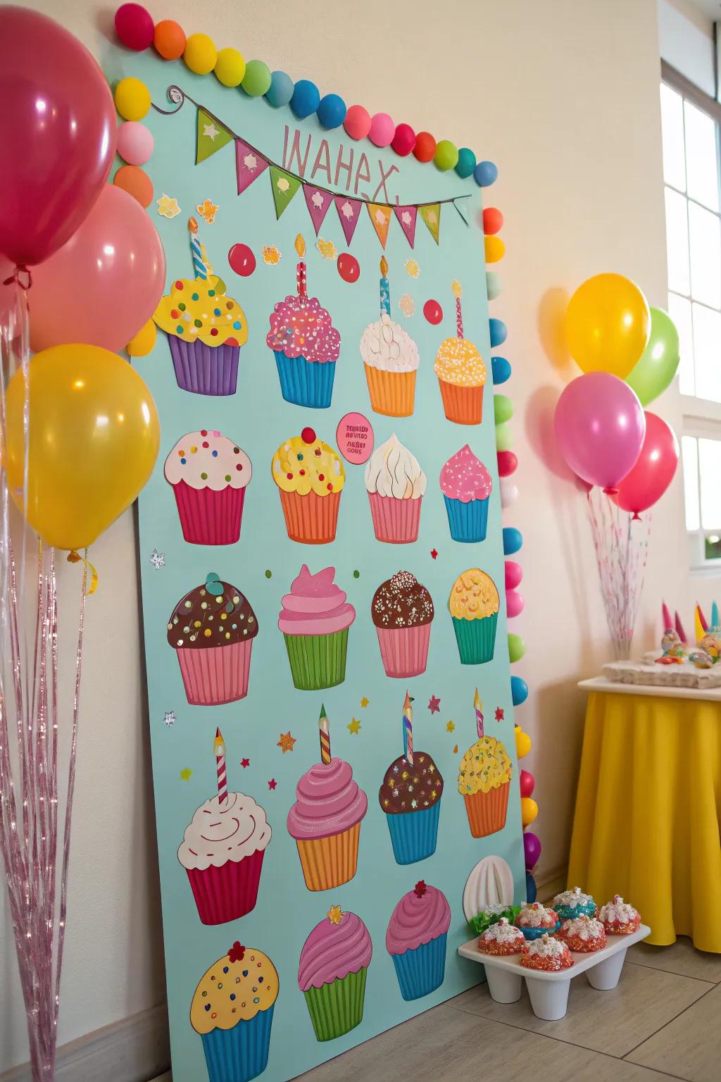 A sweet and colorful cupcake-themed birthday board.