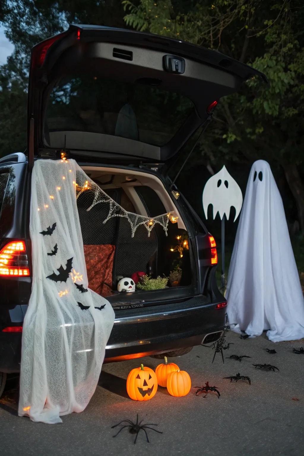 Incorporate spooky props like ghosts and bats for a classic haunted trunk.