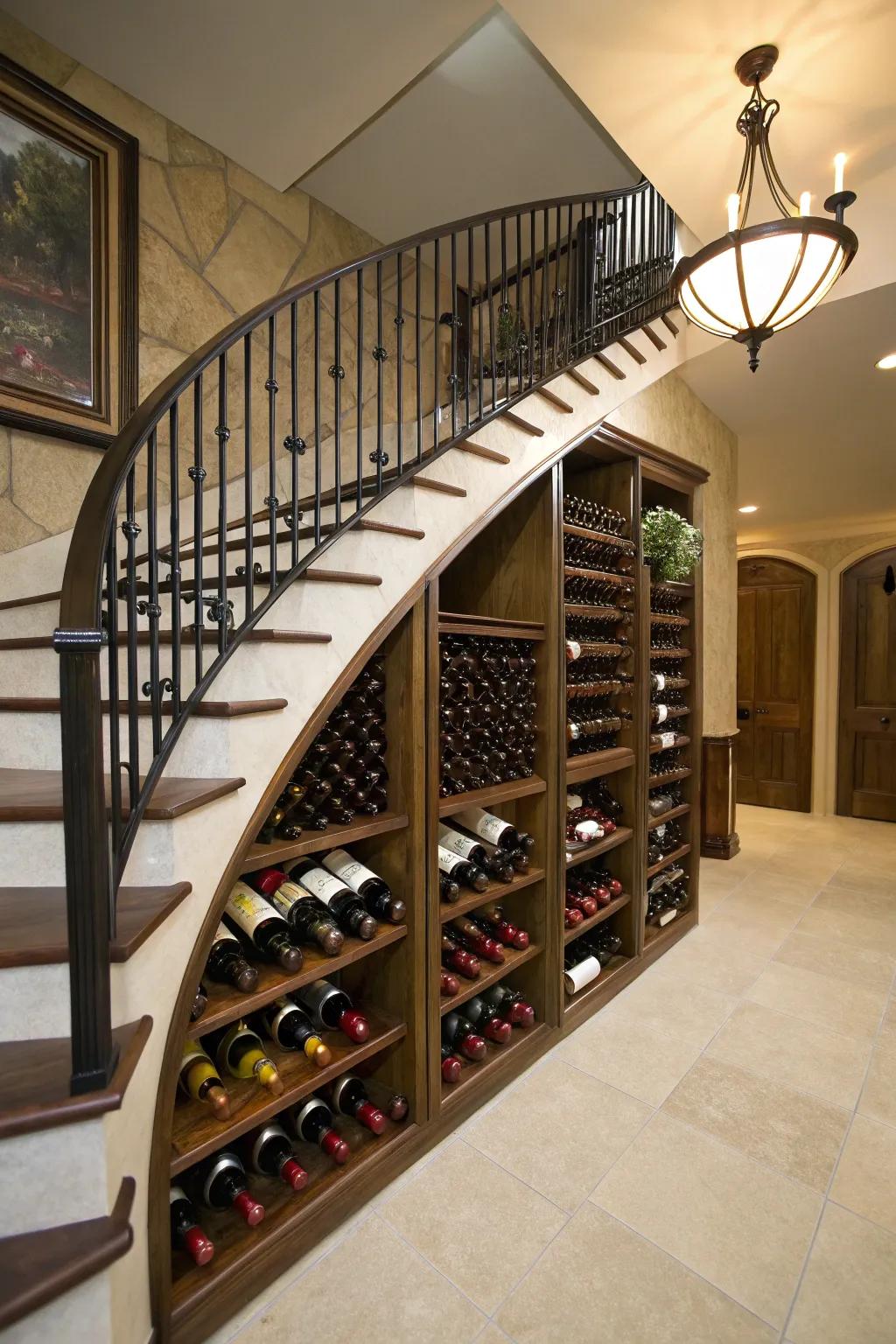 Integrated wine racks elegantly displayed under stairs.