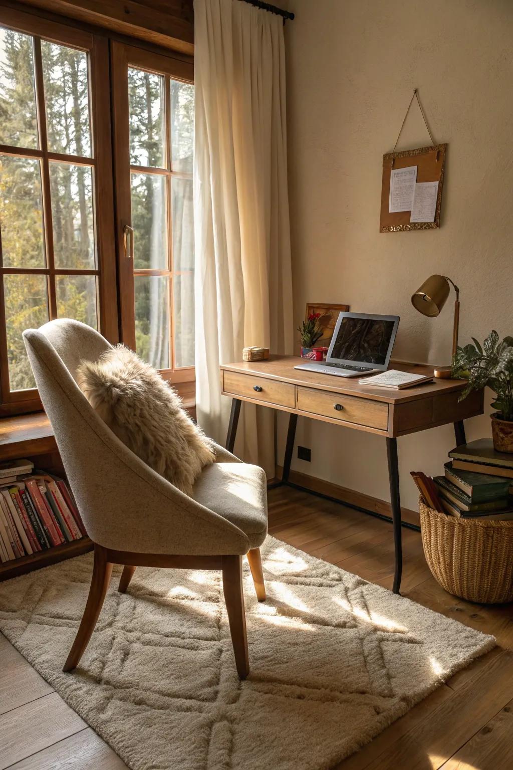 Cozy textures add warmth and comfort to your home office.