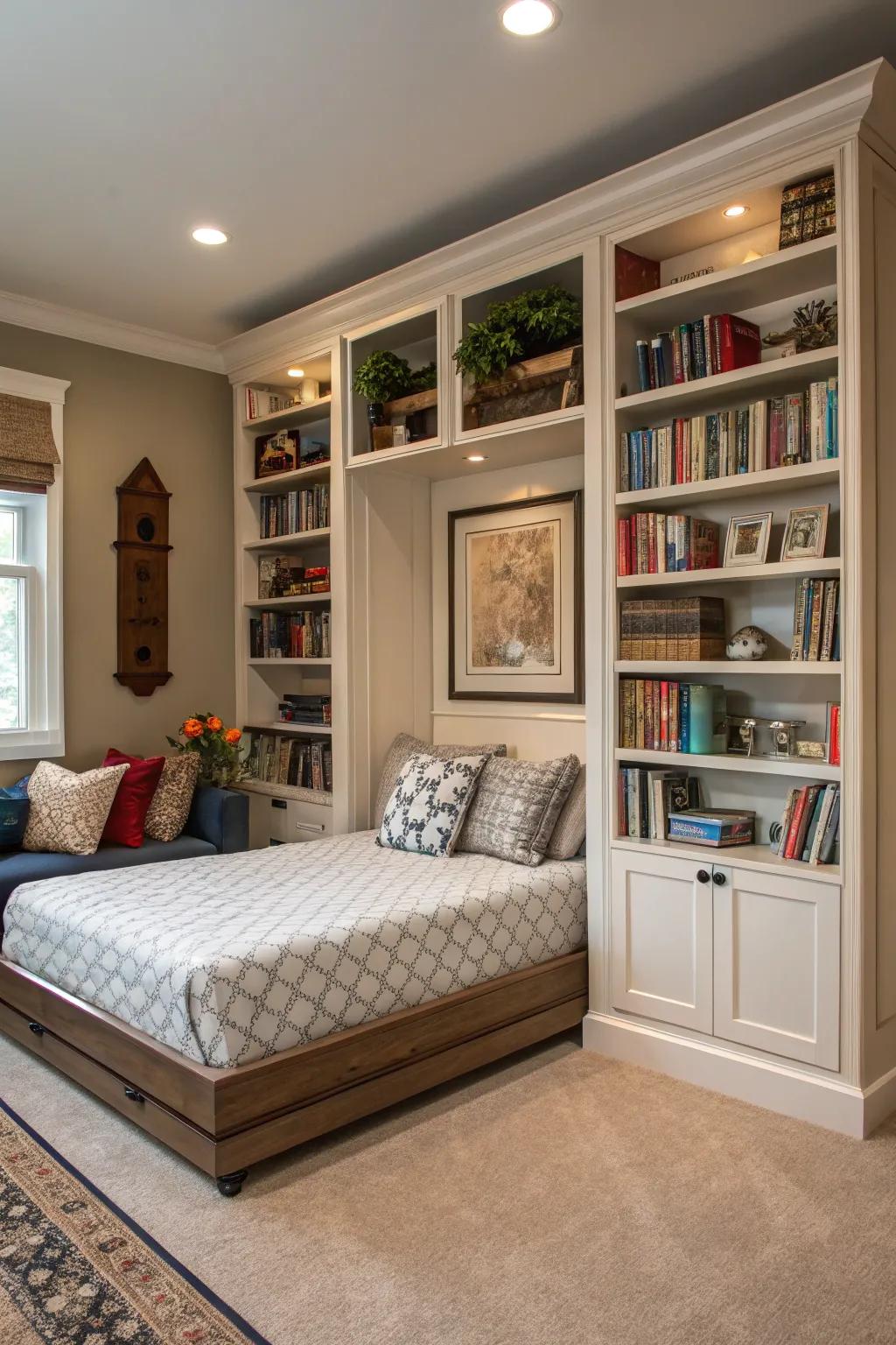 A foldaway bed hidden behind stylish bookcases, blending storage with sleep space.
