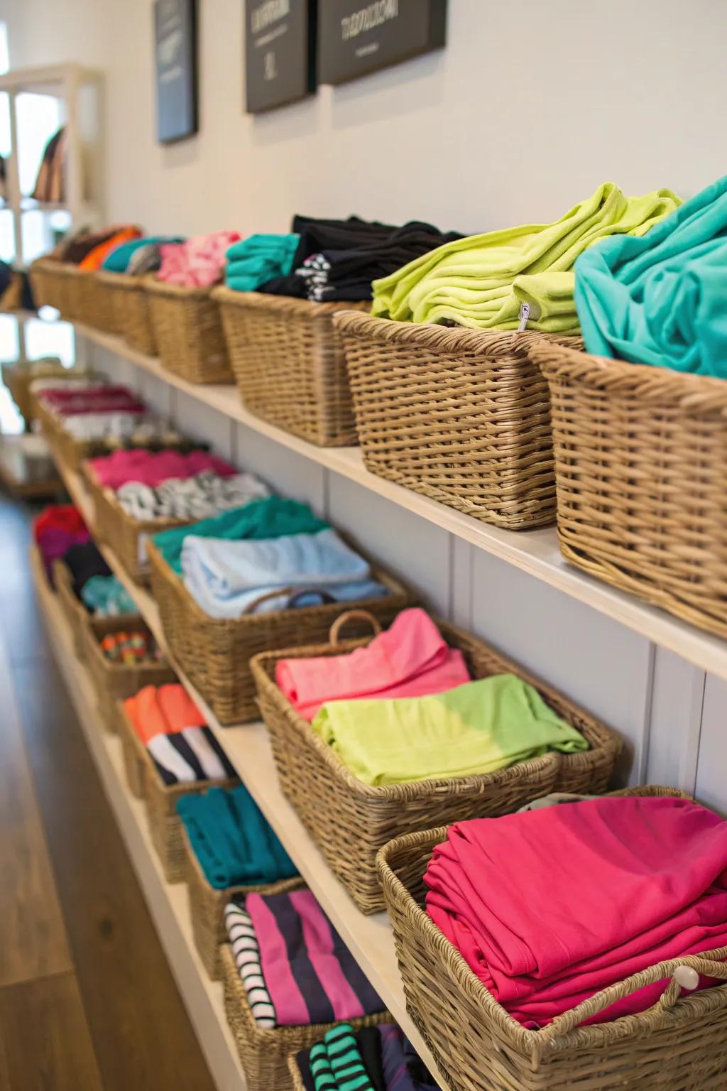 Baskets on shelves filled with neatly arranged workout clothes.