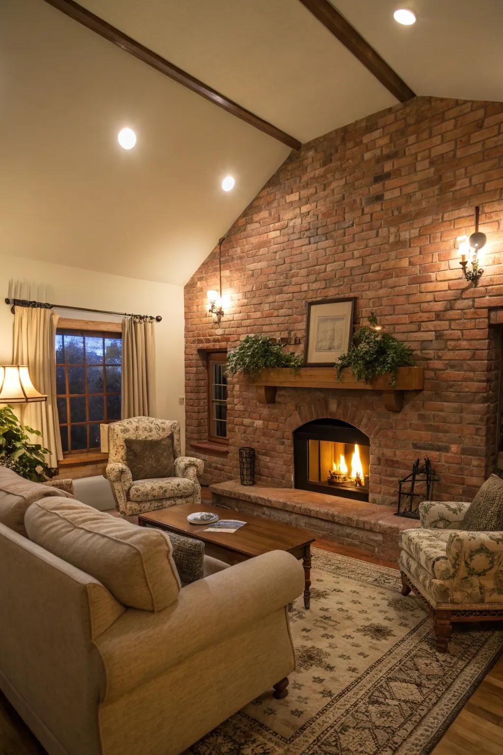A welcoming hearth with a brick design, perfect for intimate and cozy family moments.