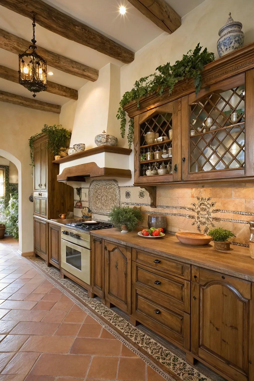 Hand-built wood cabinetry enhances artisan elegance to this kitchen.