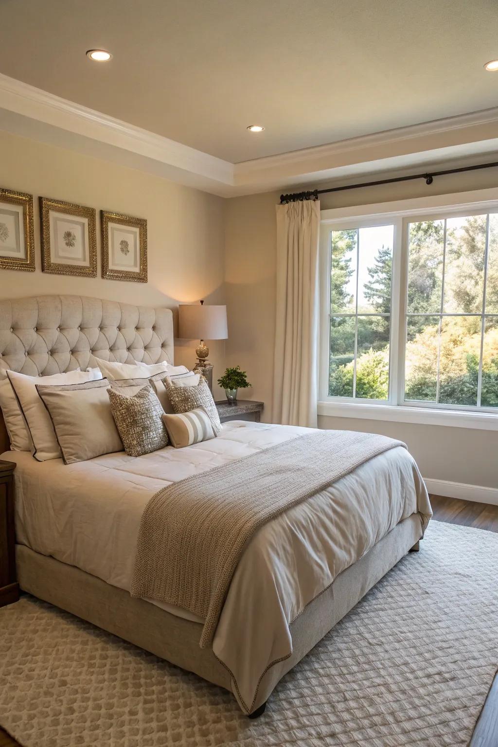 Neutral tones bring a sense of calm and sophistication to this king-sized bed.