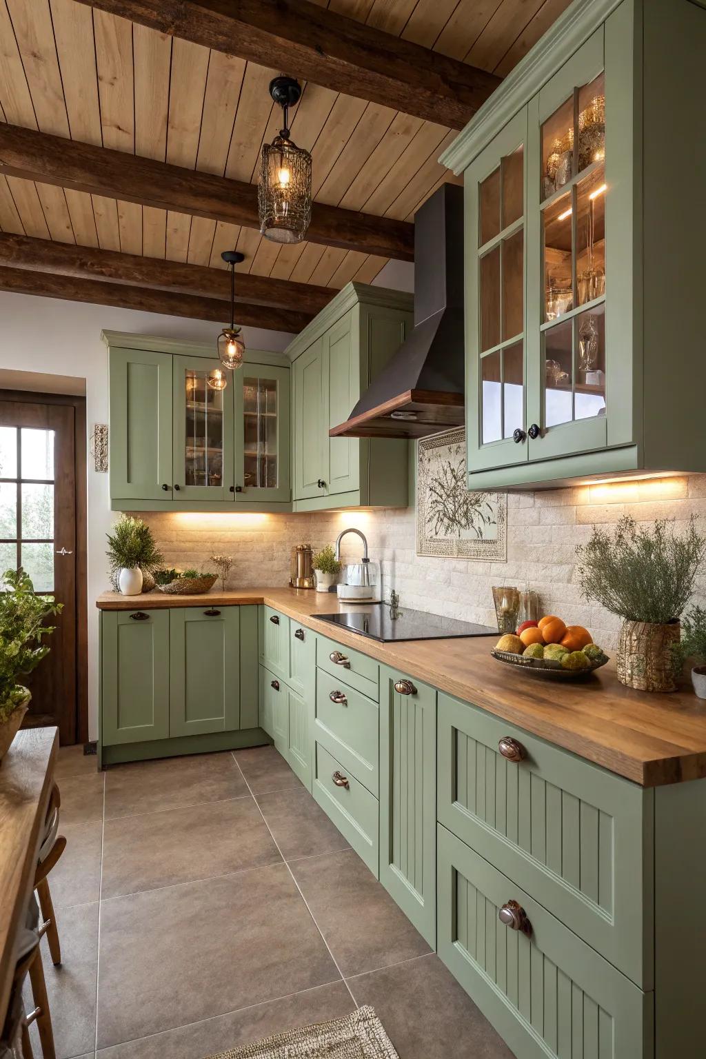 Sage green hues bring a natural and soothing vibe to the kitchen.