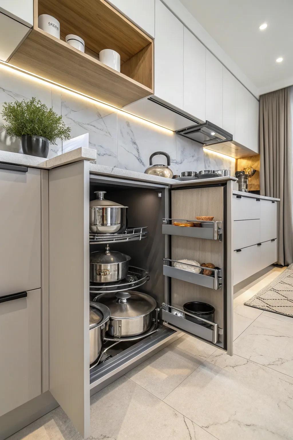 Diagonal cabinets are excellently suited for storing sizable kitchen items.