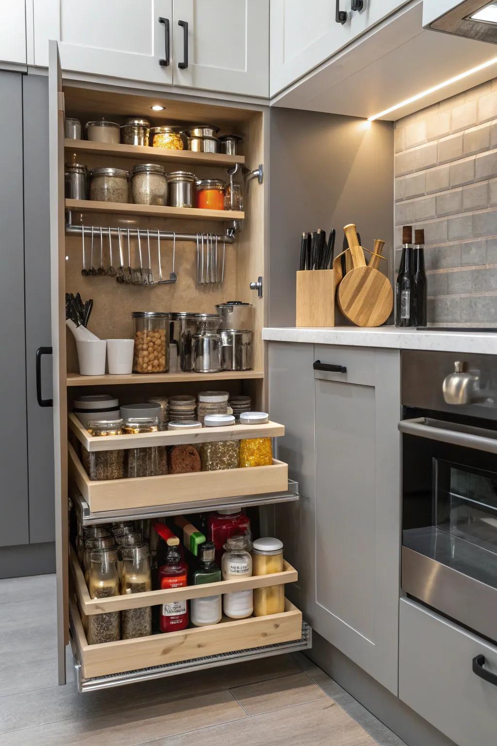 Slide-out shelves provide effortless access to the contents of corner cabinets.