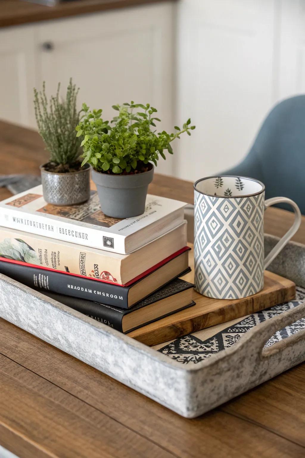 Cookbooks stacked on a tray reflect culinary passion and style.