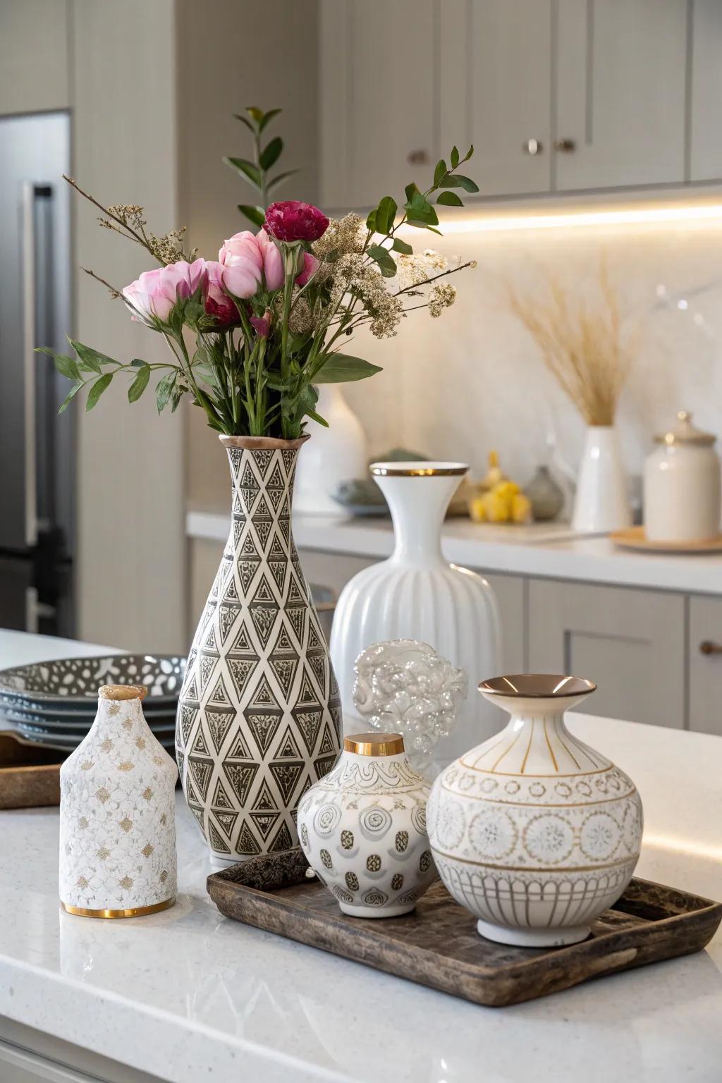 Varying vase shapes add elegance and interest to your vignette.