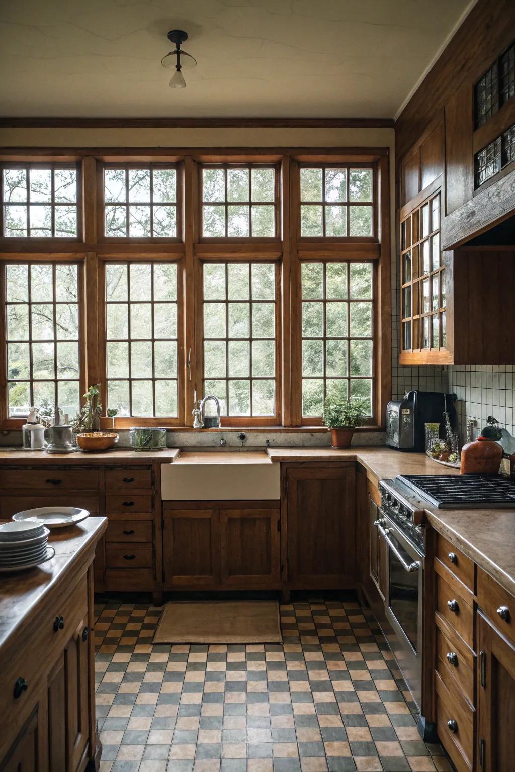 A traditional kitchen showcasing refined classic grid windows.