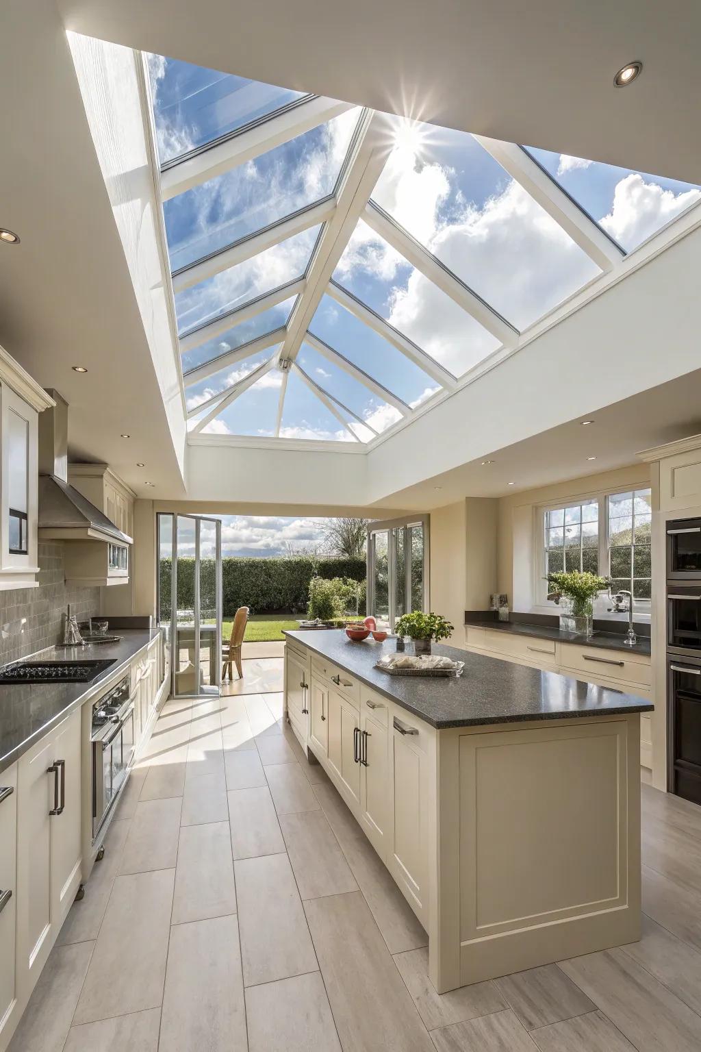 High ceilings and skylights create an open and expansive kitchen atmosphere.