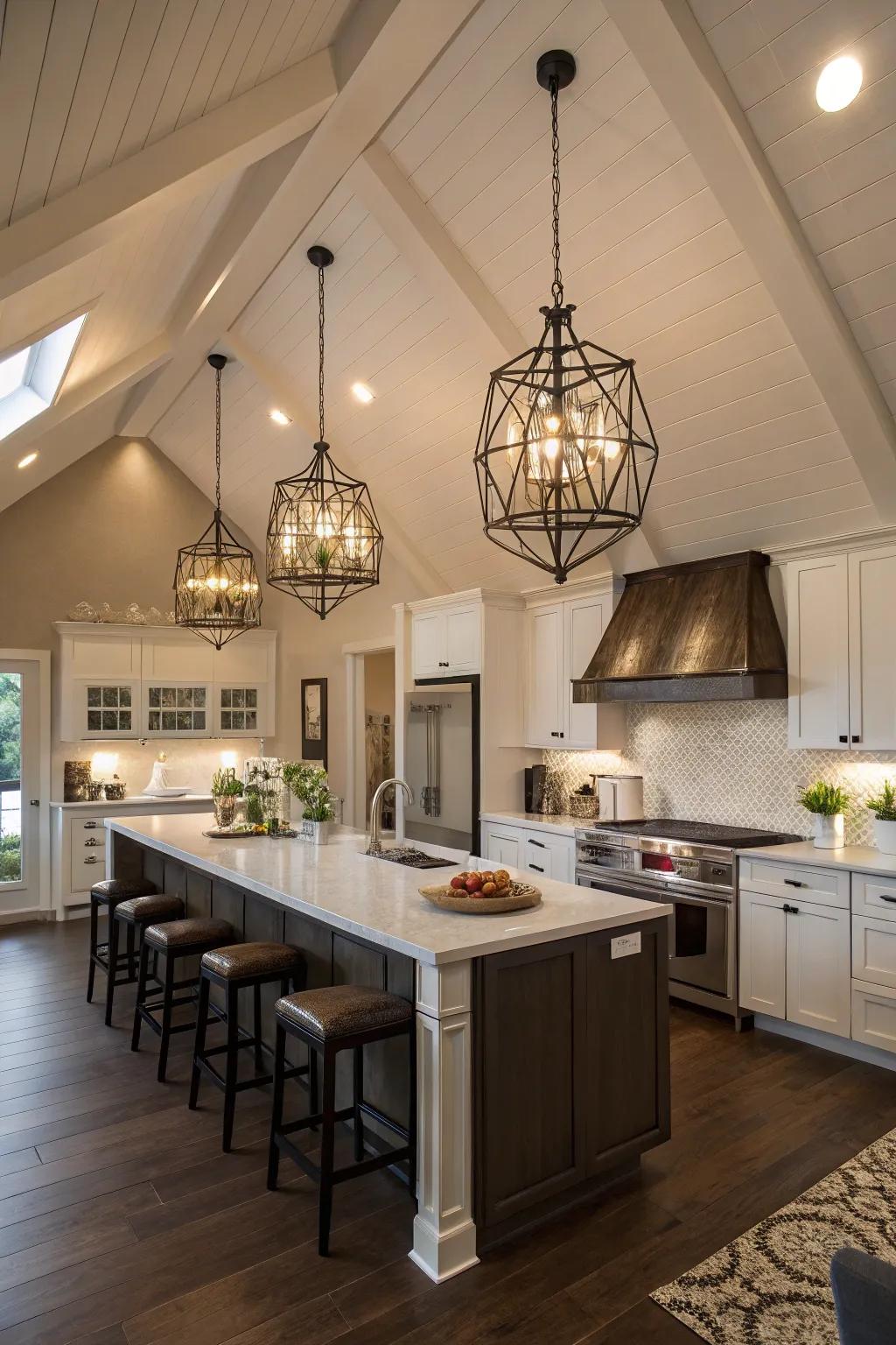 Sophisticated pendant lights create an elegant focus in this contemporary kitchen featuring a vaulted ceiling.