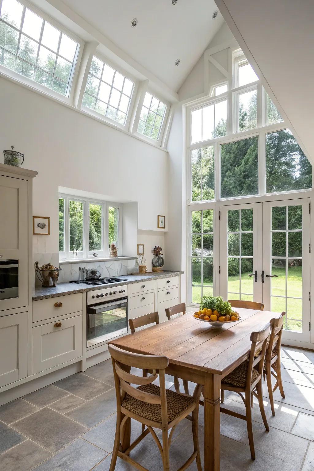 Natural light pours into this high-ceilinged kitchen, creating an airy feel.