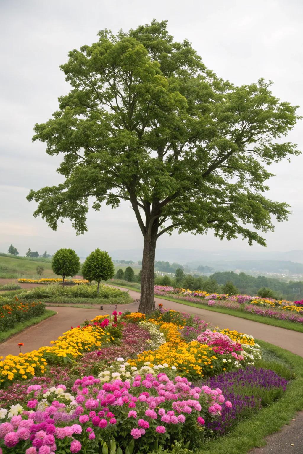 Flowers bring life and color to the base of any tree.