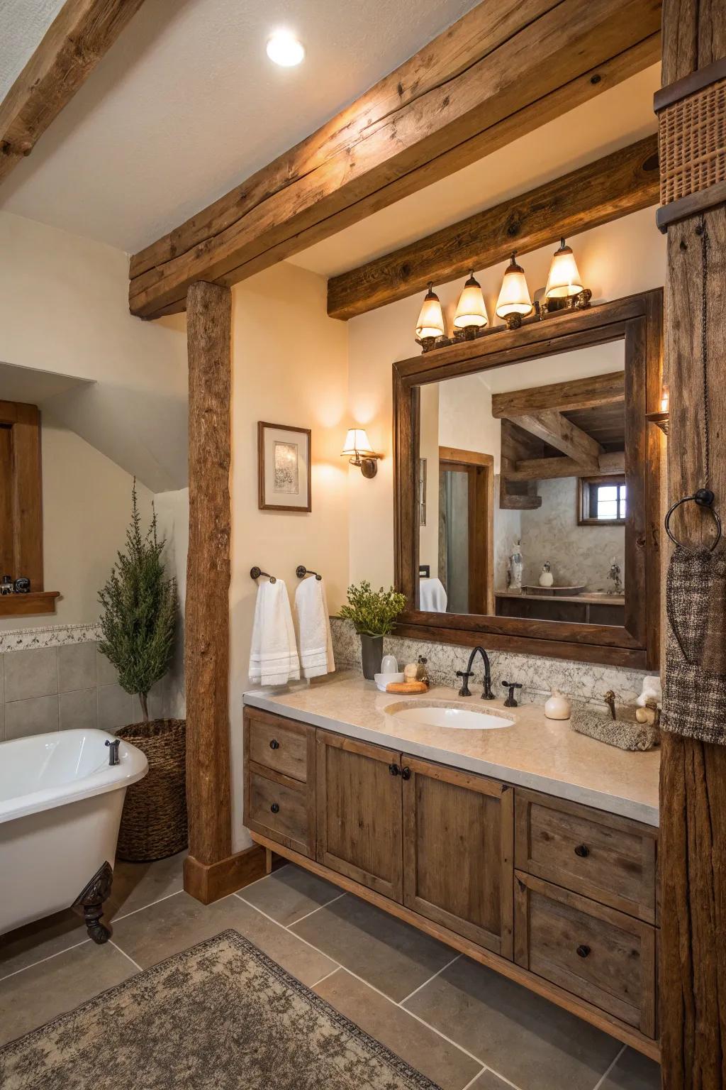 Reclaimed wood frames bring warmth and rustic charm to any bathroom.