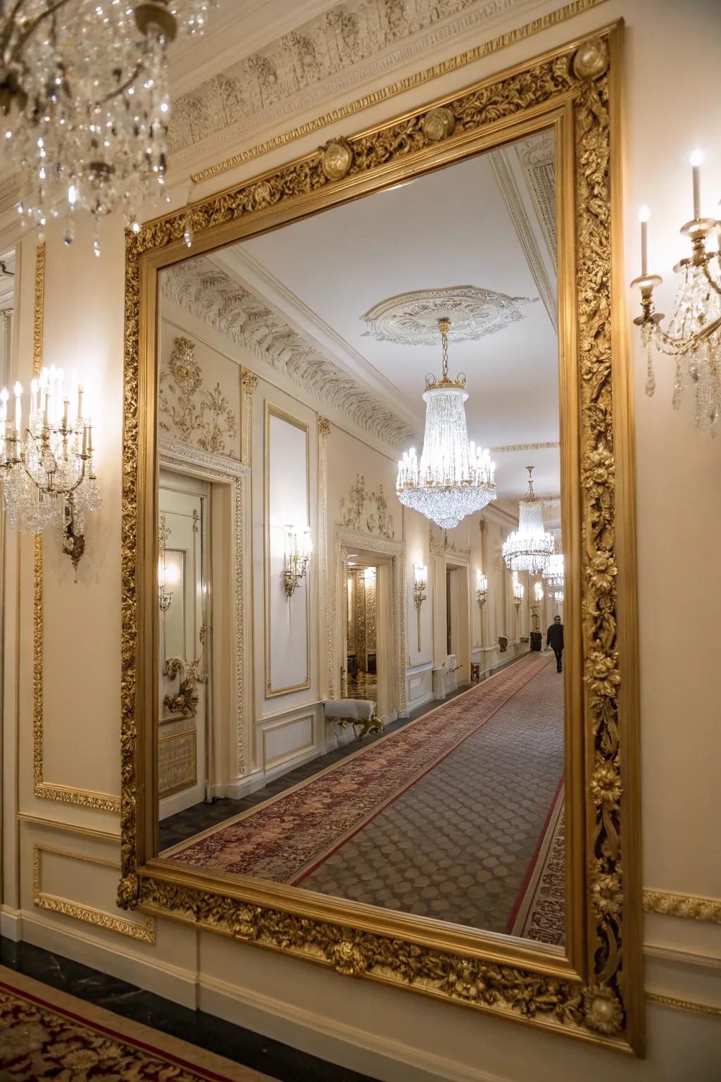 An ornate frame adds a luxurious feel to this hallway mirror.