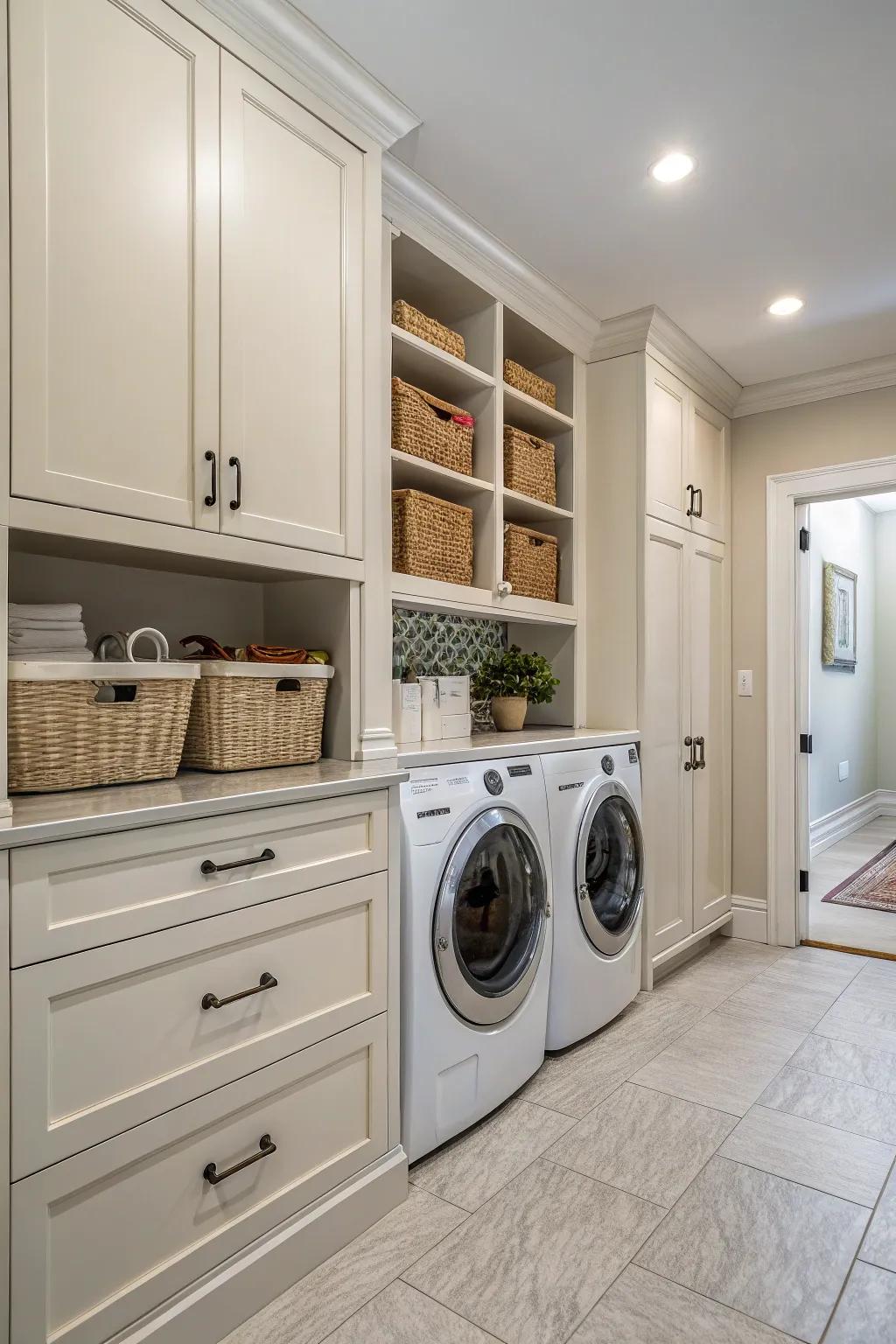 Wall-to-wall cabinets ensure every inch of your laundry room is utilized.