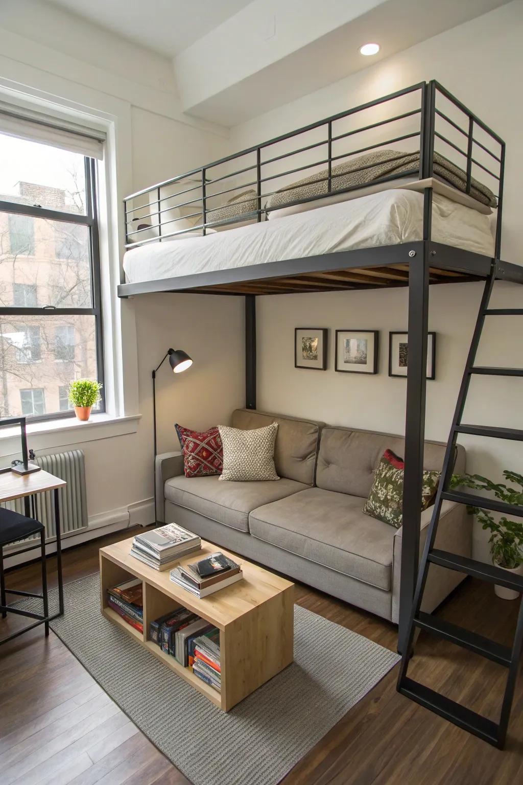 Compact furniture like a loft bed maximizes vertical space.