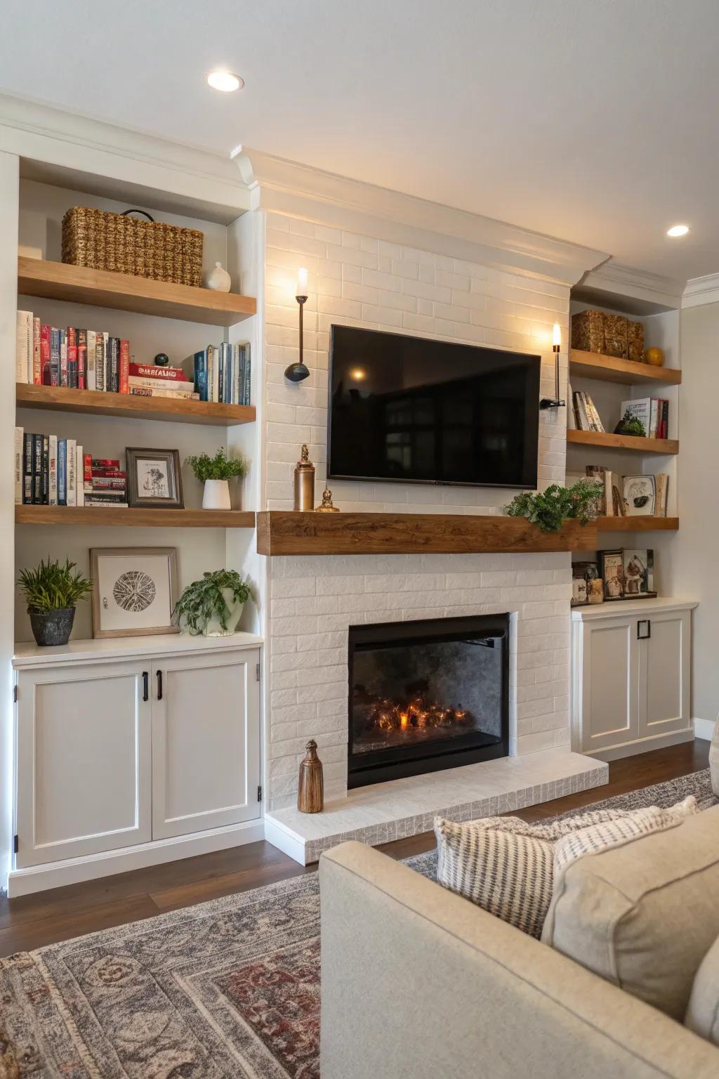 Wall-mounted racks present both storage and decorative open doors.