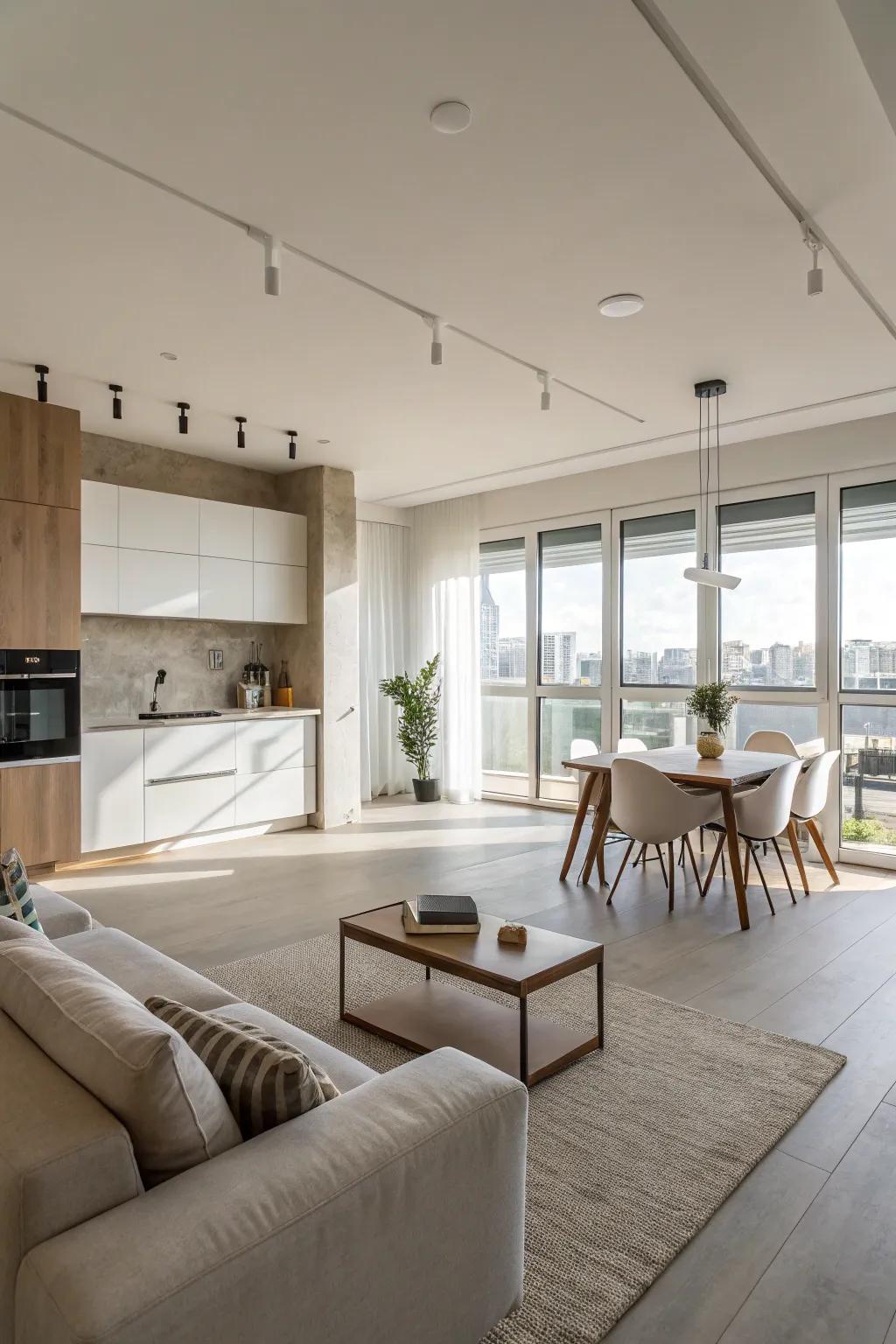 A minimalist lounge with cooking space showcasing a muted color scheme.