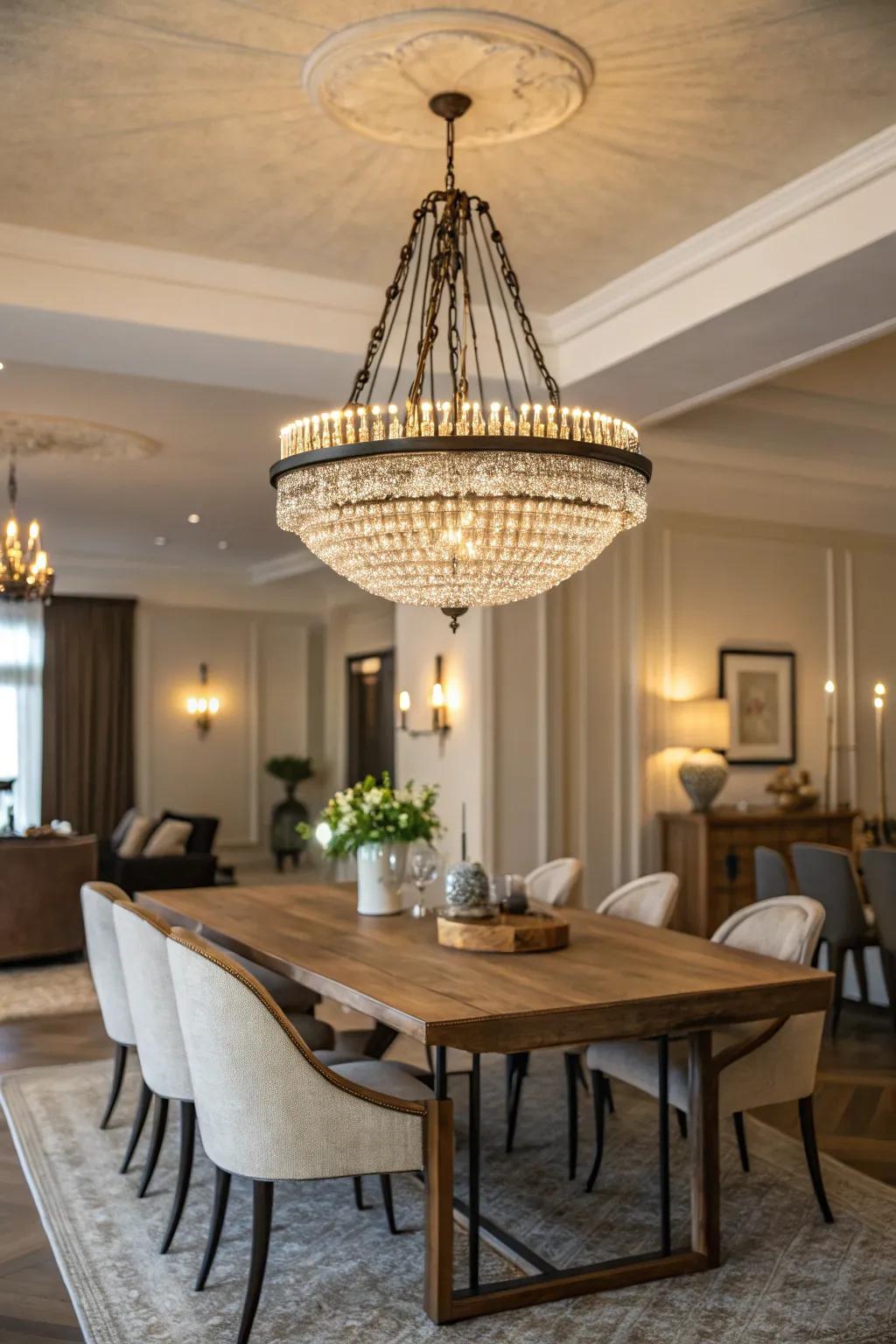 Elegant low-profile chandelier in a dining room.