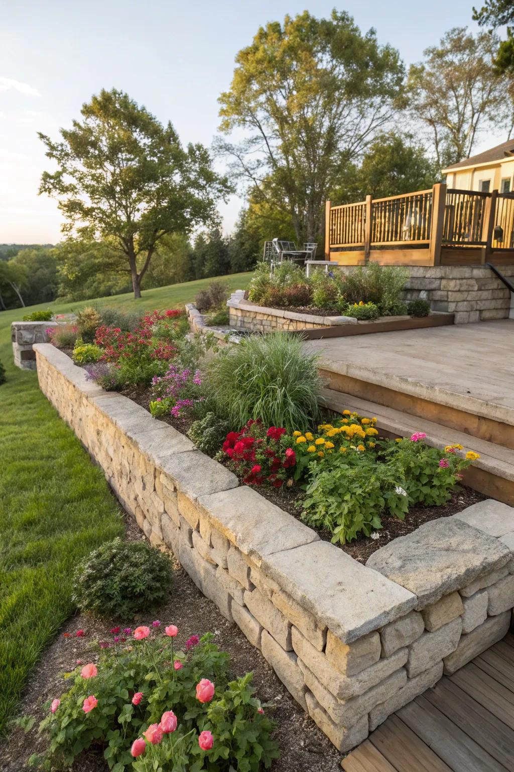 Garden beds with stone edging bordering a raised deck.