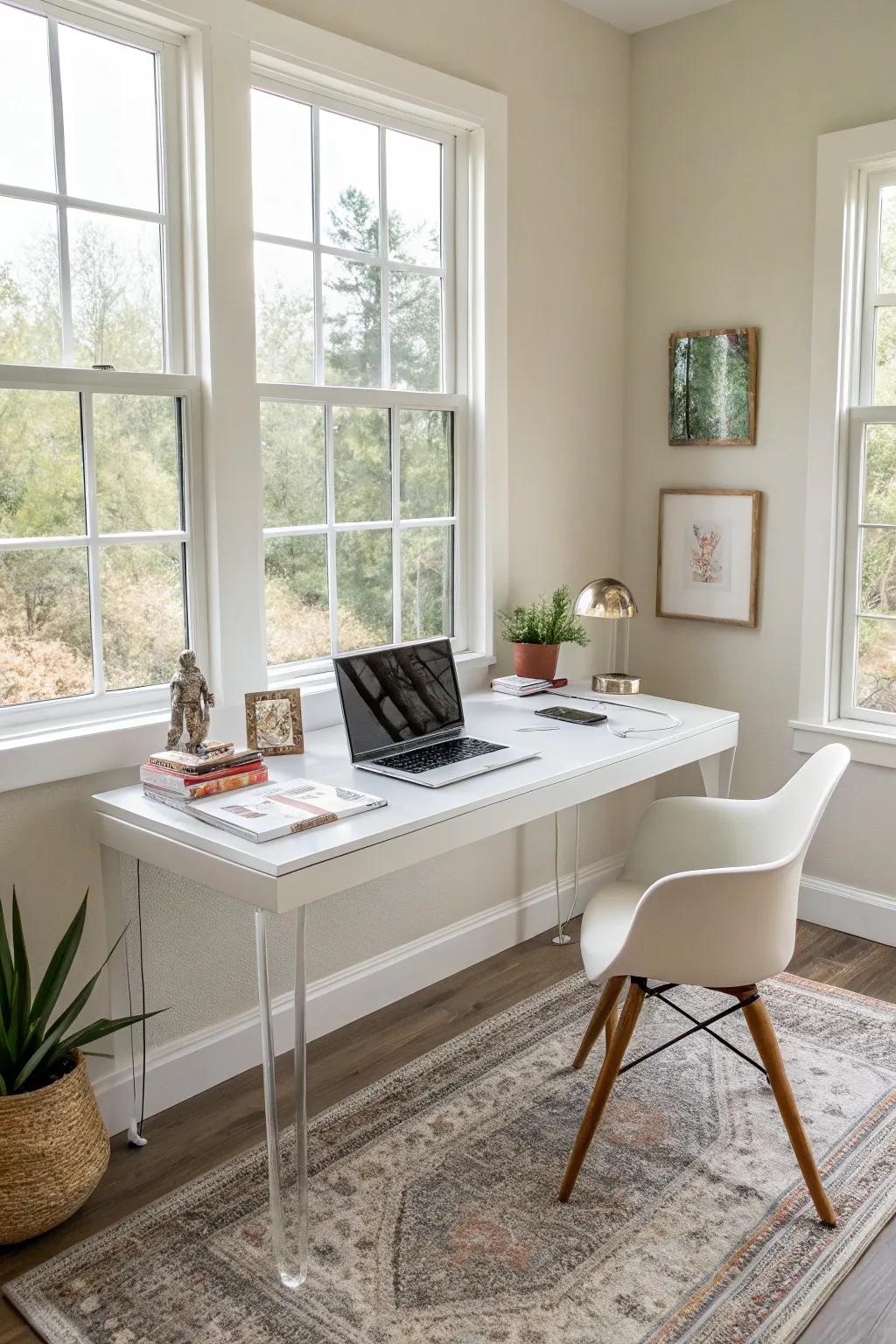 A poly-methylmethacrylate desk brings clarity and style to your office.