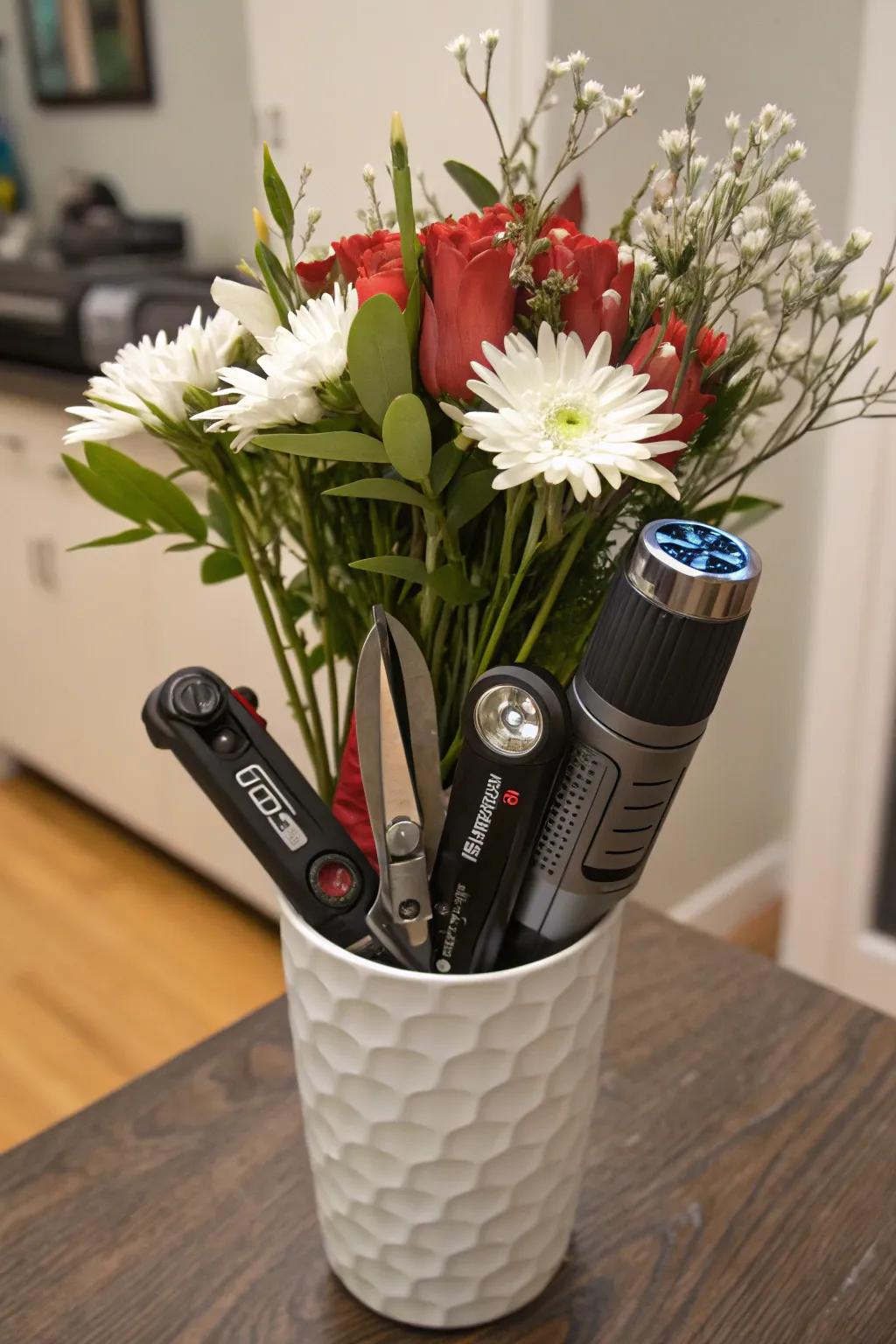 A bouquet with handy gadgets for the practical man.