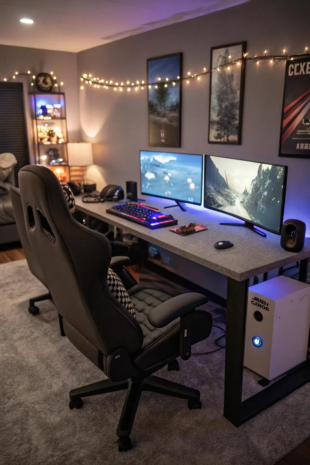 A gaming paradise showcasing ergonomic seating and several monitors.