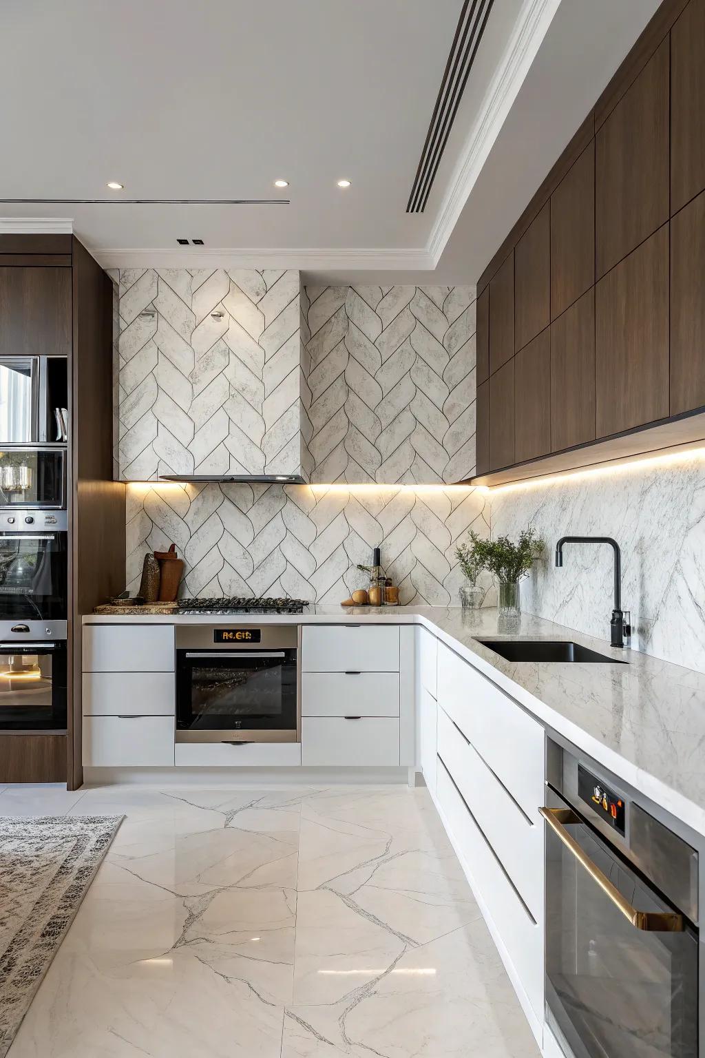 Elegant stone panel in a chevron design enhances a contemporary kitchen setting.